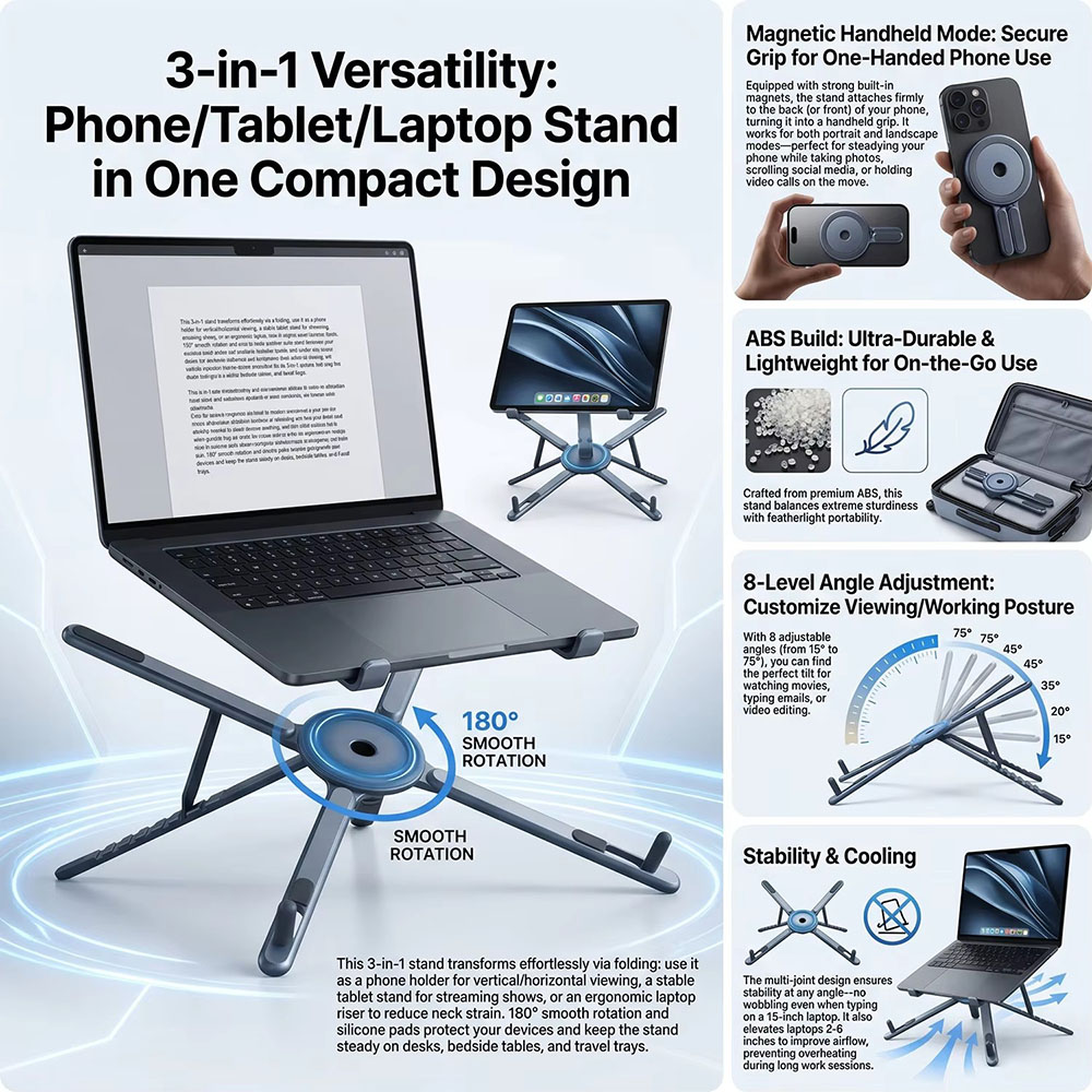 휴대용 자석식 휴대폰 거치대 & 셀카봉 3-in-1 접 - Laptop Ergonomic Accessories 리뷰 및 가격